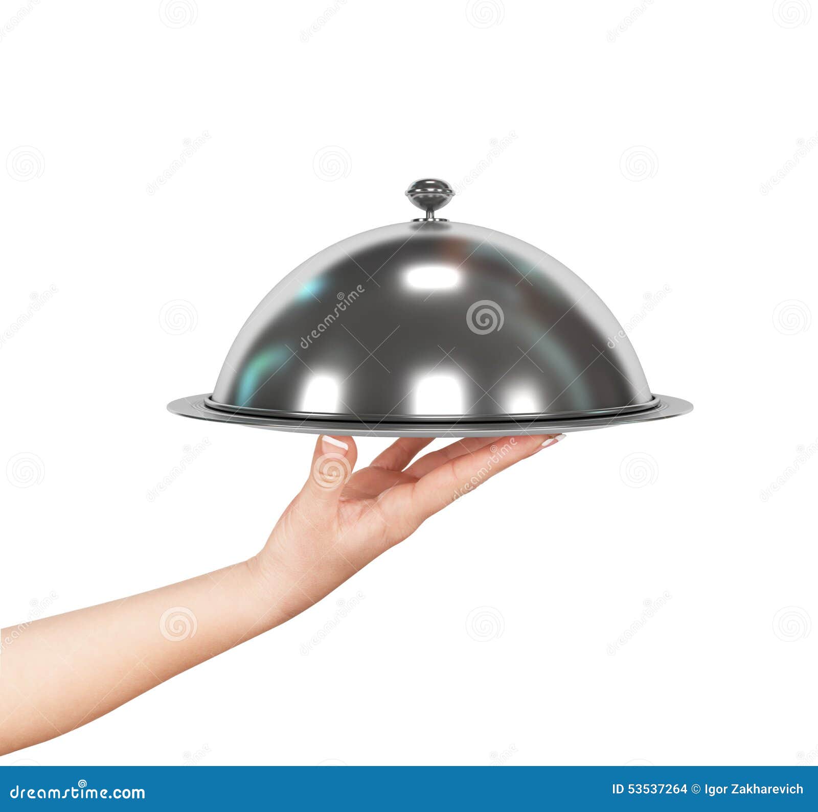 close up hand of waiter with metal cloche lid cover and tray