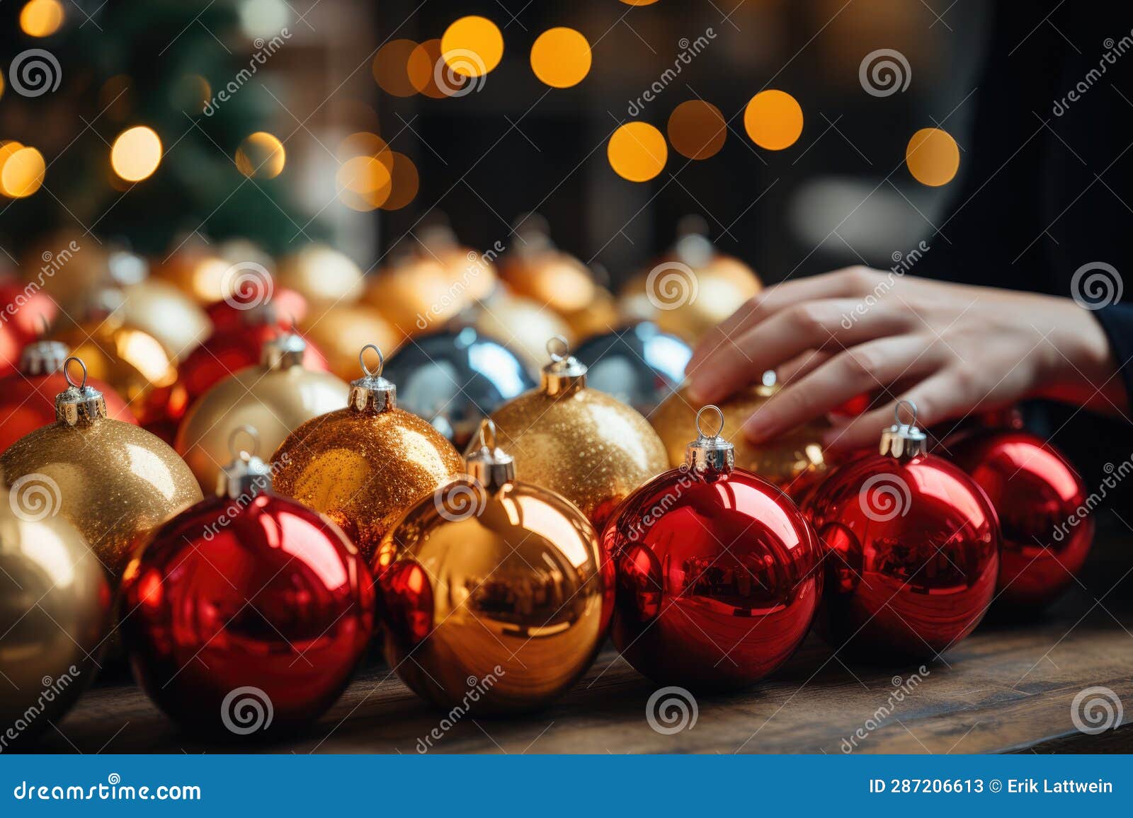 close-up of hands hanging ornaments on a festive tree s - stock photography 