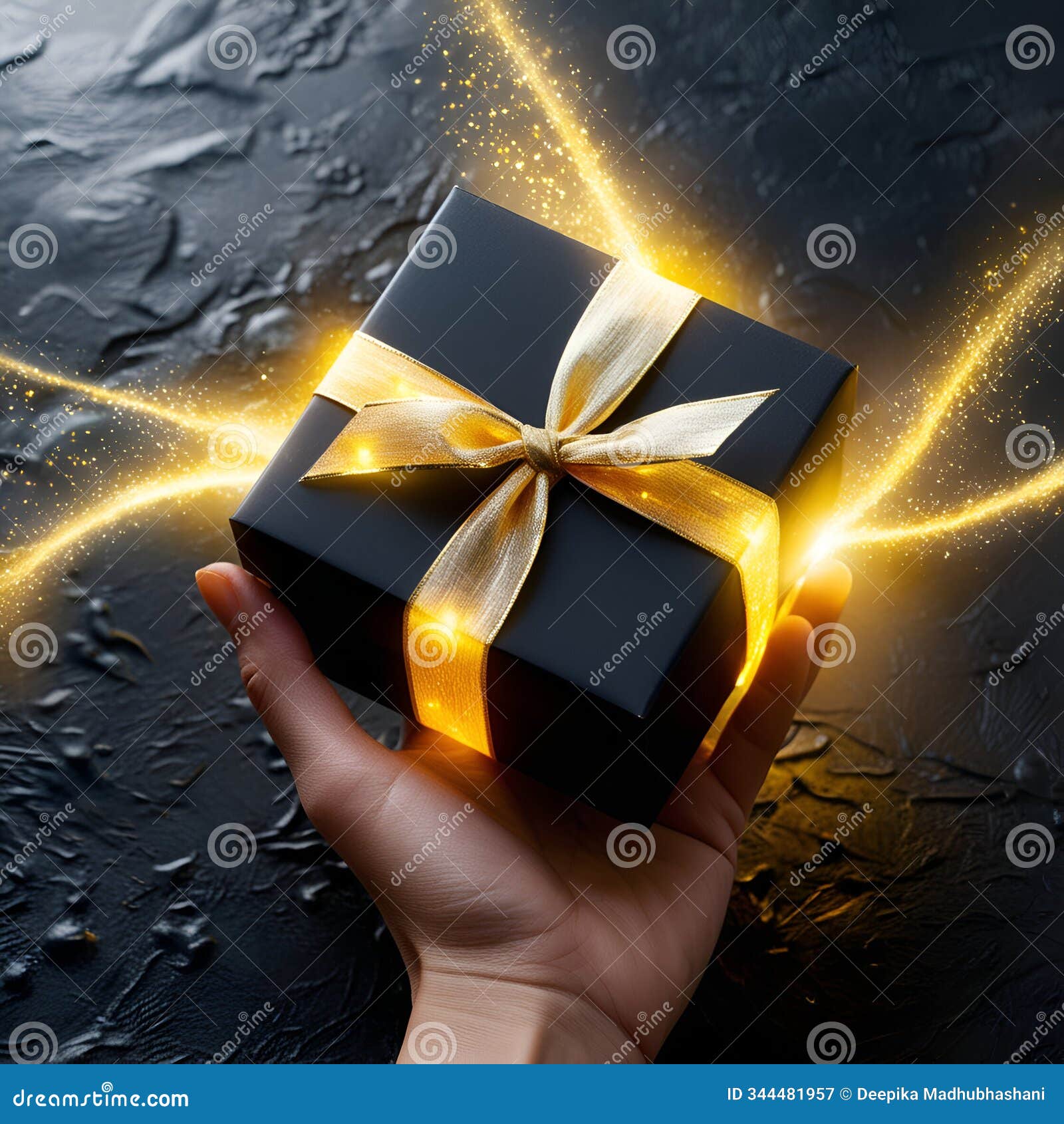 hands holding a beautifully wrapped glowing black gift box, festive christmas or birthday gift concept