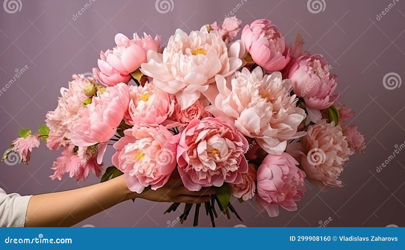 The Close Up of the Hands Holding a Luxurious Bouquet of Peonies Stock