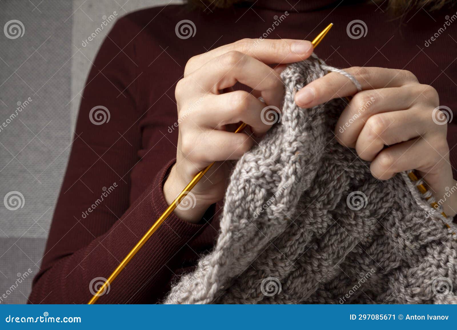 Closeup of Hands Knitting. Process of Knitting. Stock Image Image of