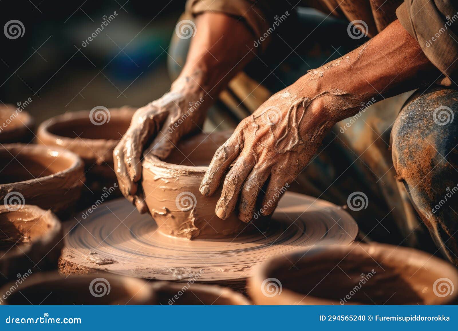 close-up of hands making clay pots