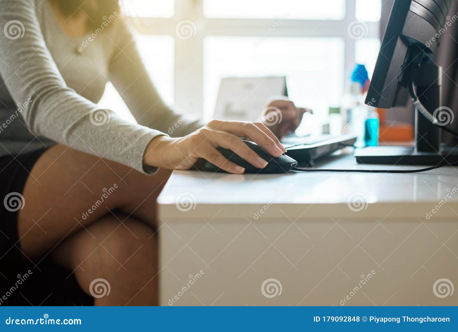 close up of hands woman clicking mouse and using computer,work at home,working from home