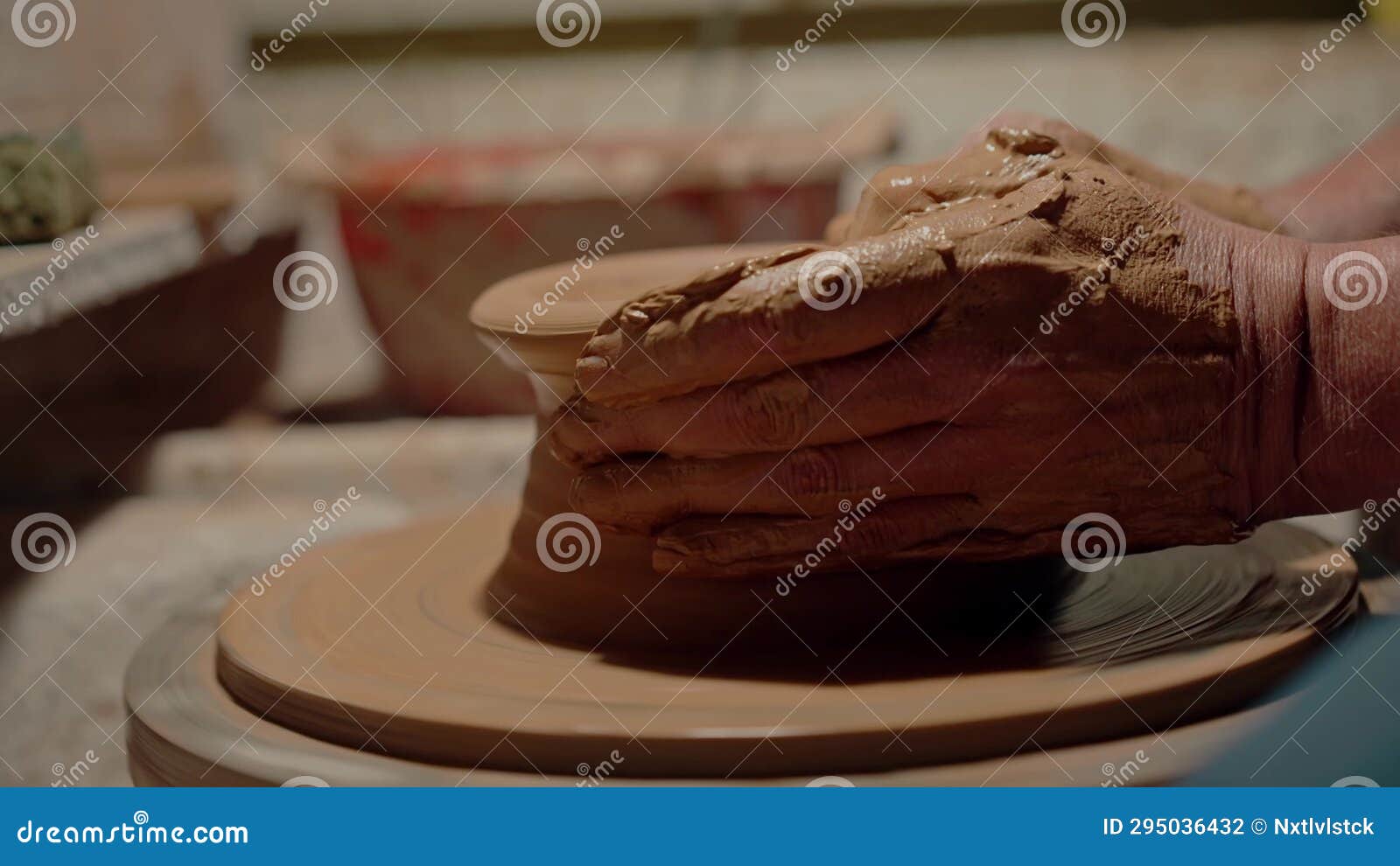 Close Up Hands Working Clay on Potter S Wheel. Human Arms Making Shape