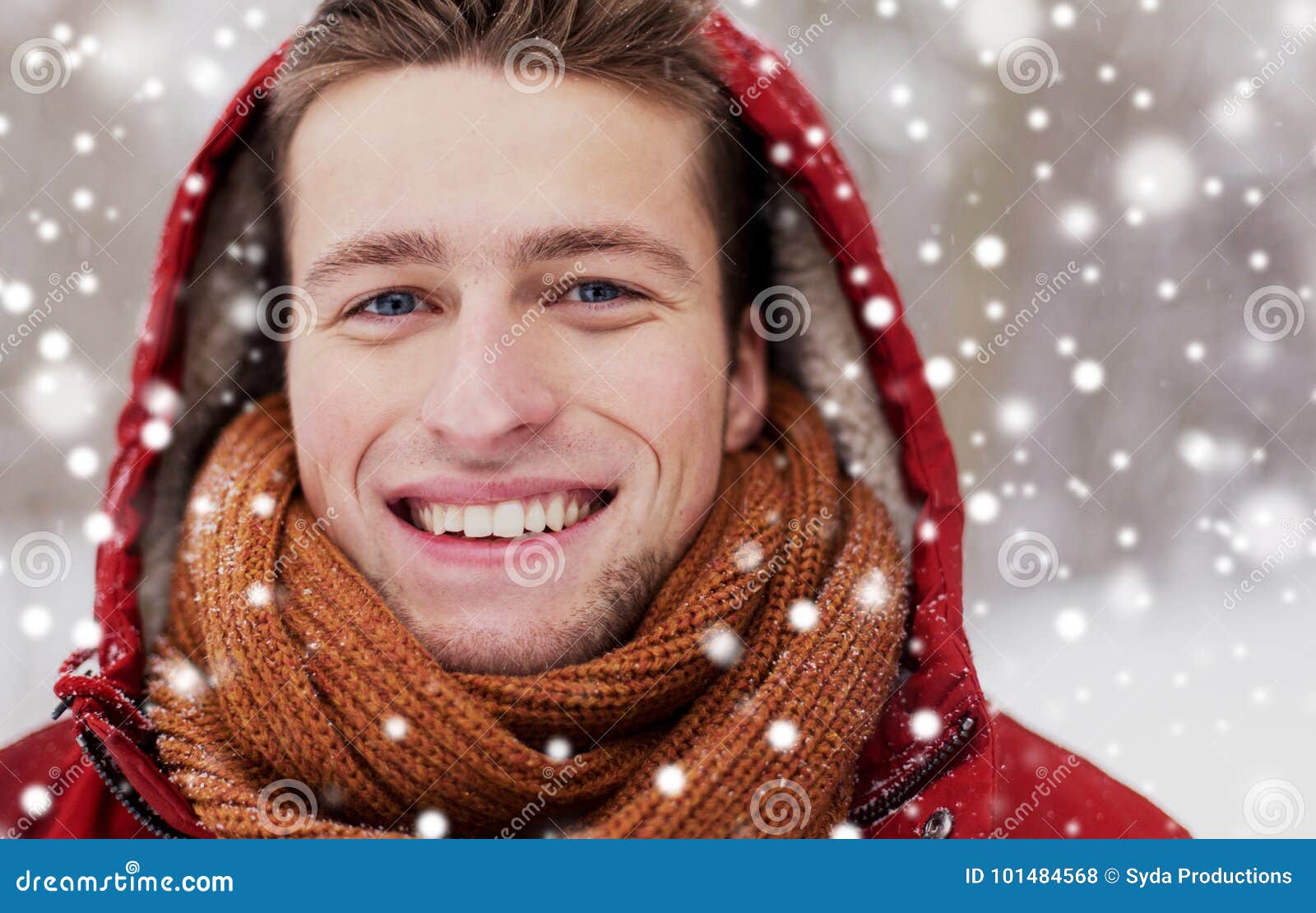 Close Up of Happy Man in Winter Jacket with Hood Stock Photo - Image of ...