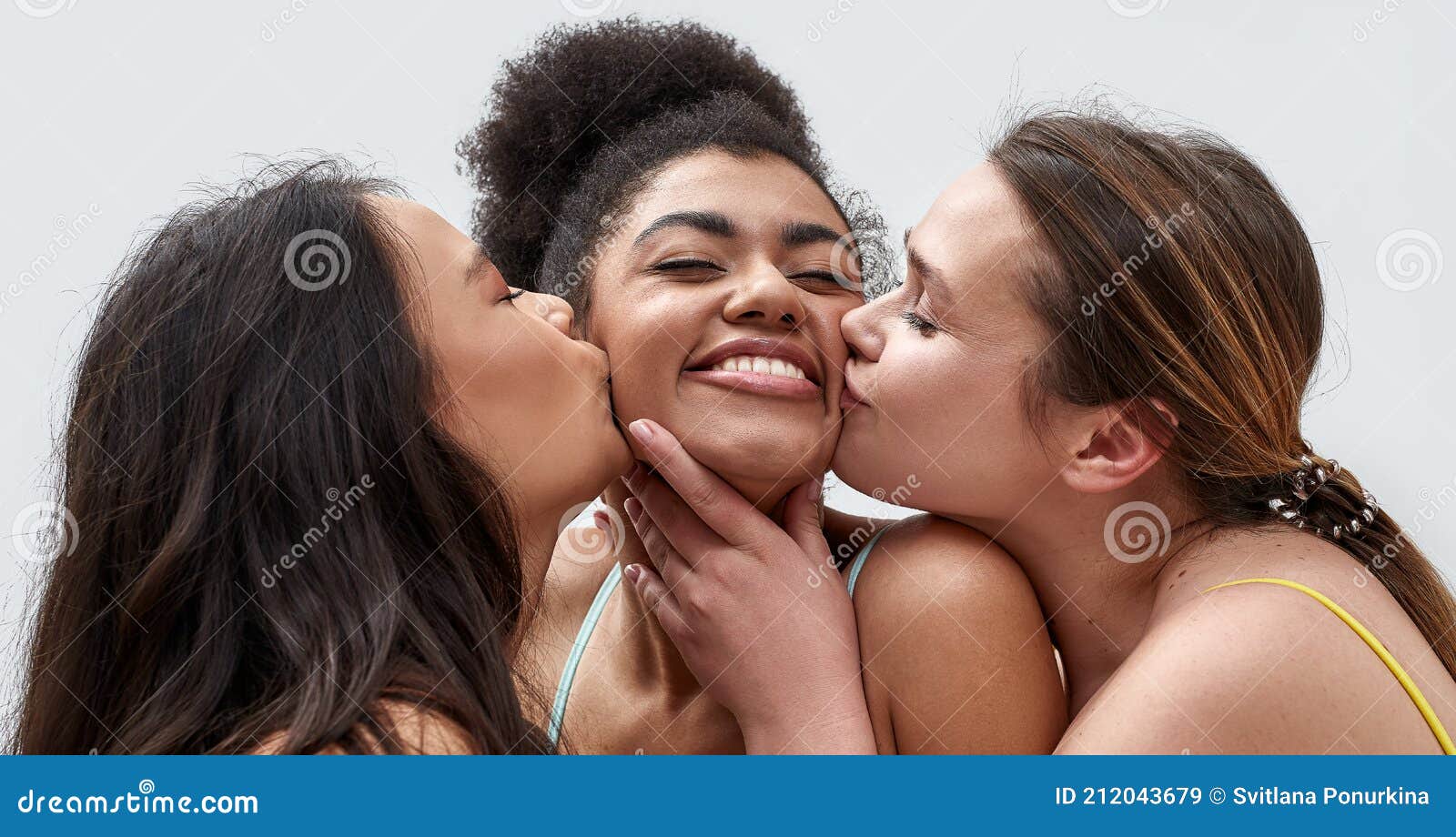 Close Up of Happy Young Women in Colorful Underwear Kissing Their ...