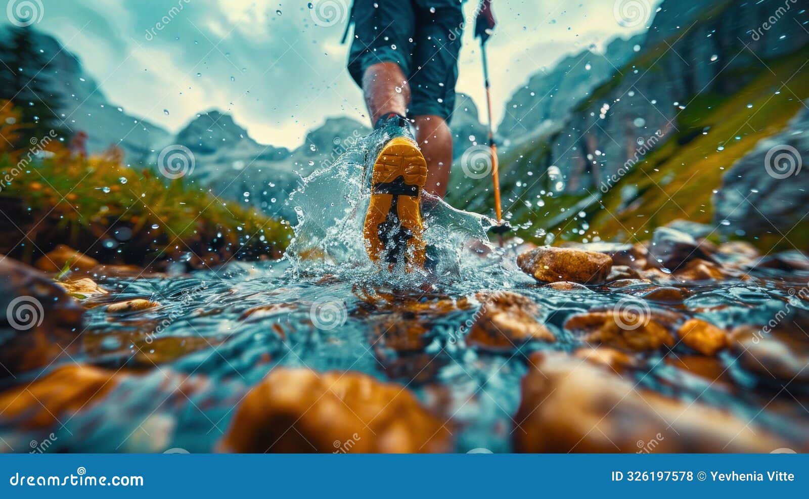 close-up of hiking boots crossing a stream. generative ai.