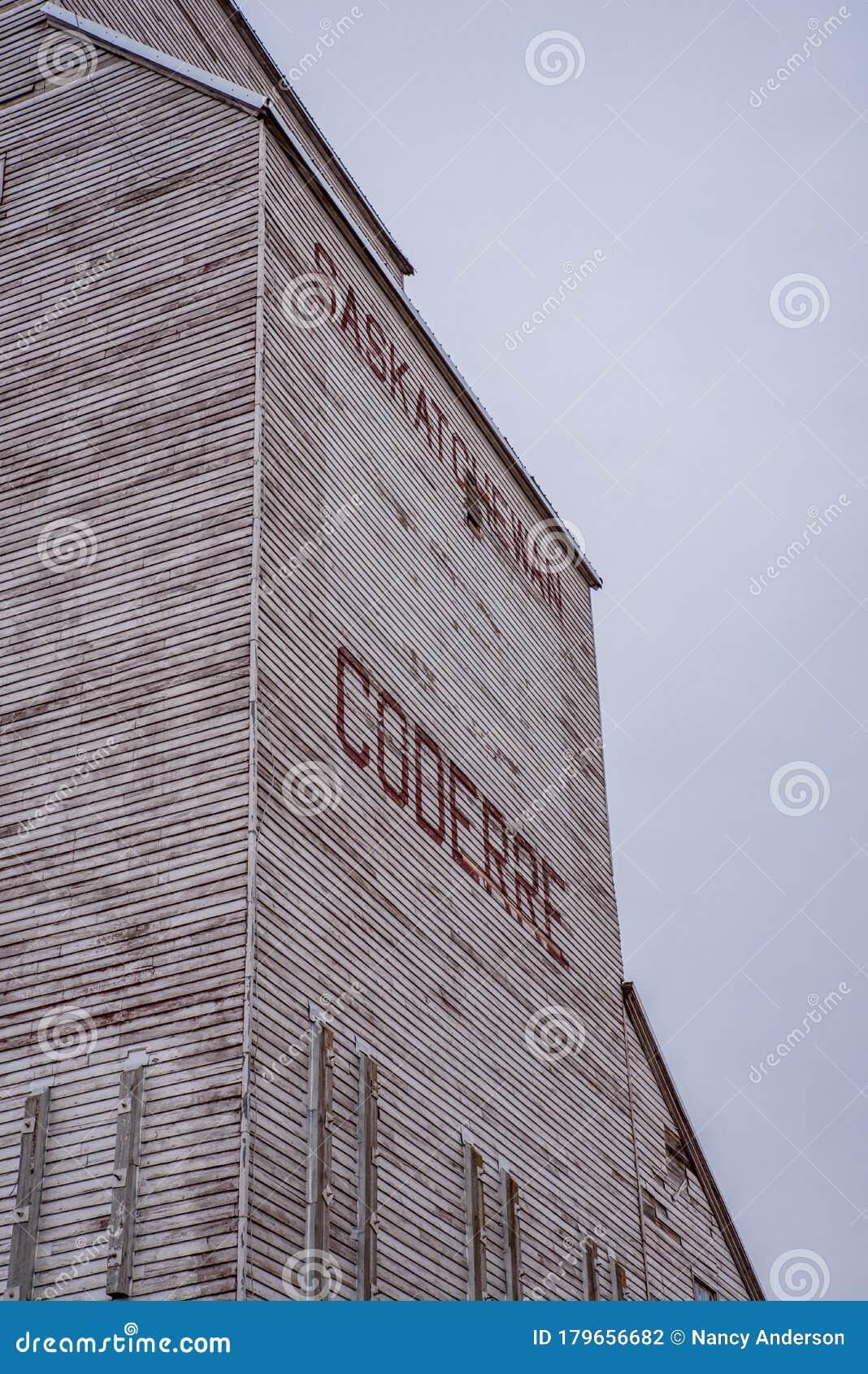 close up of historic grain elevator in coderre, saskatchewan, canada