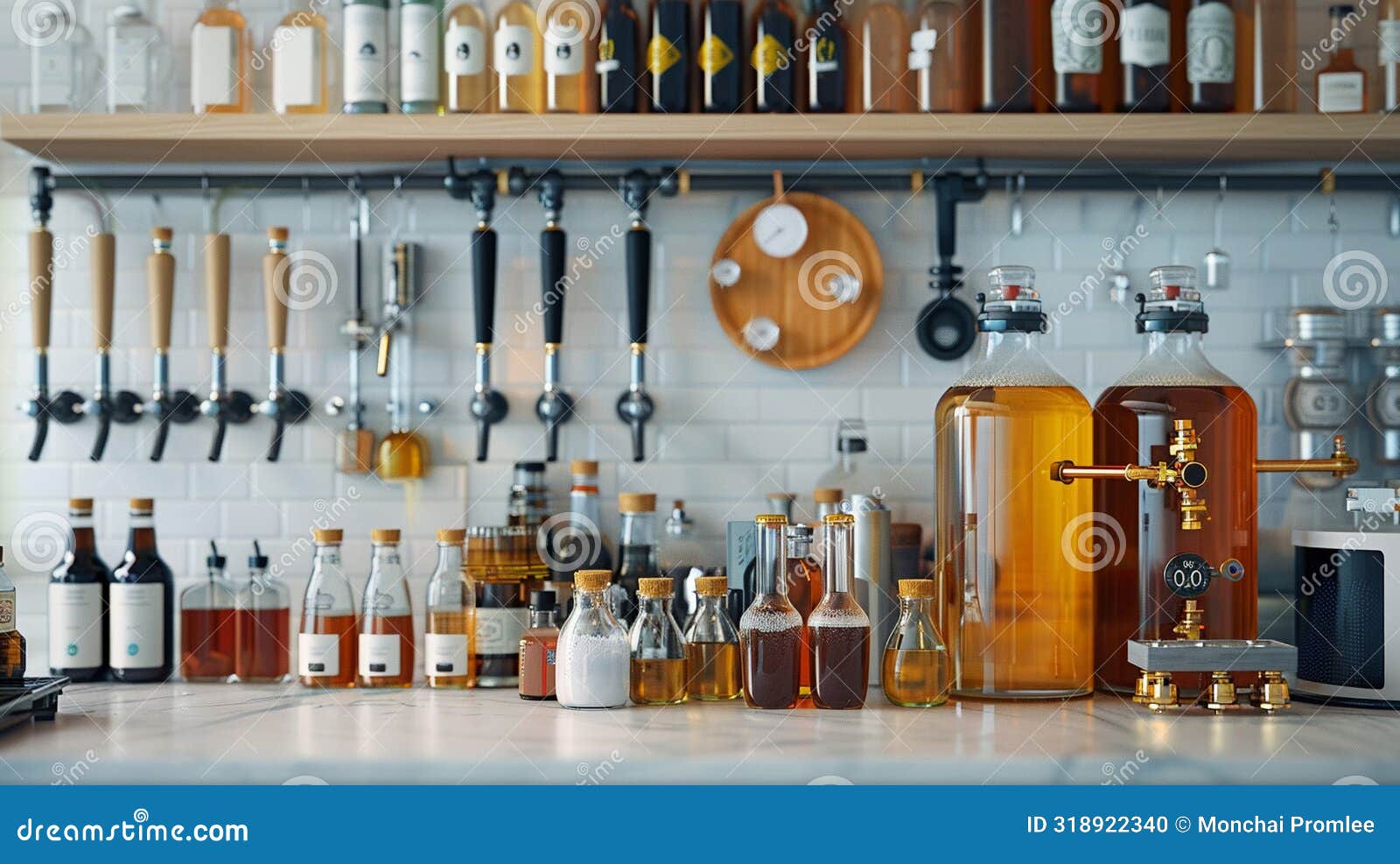 close-up of homebrewing equipment including fermenters, airlocks, and hydrometers, neatly arranged on a white countertop with copy