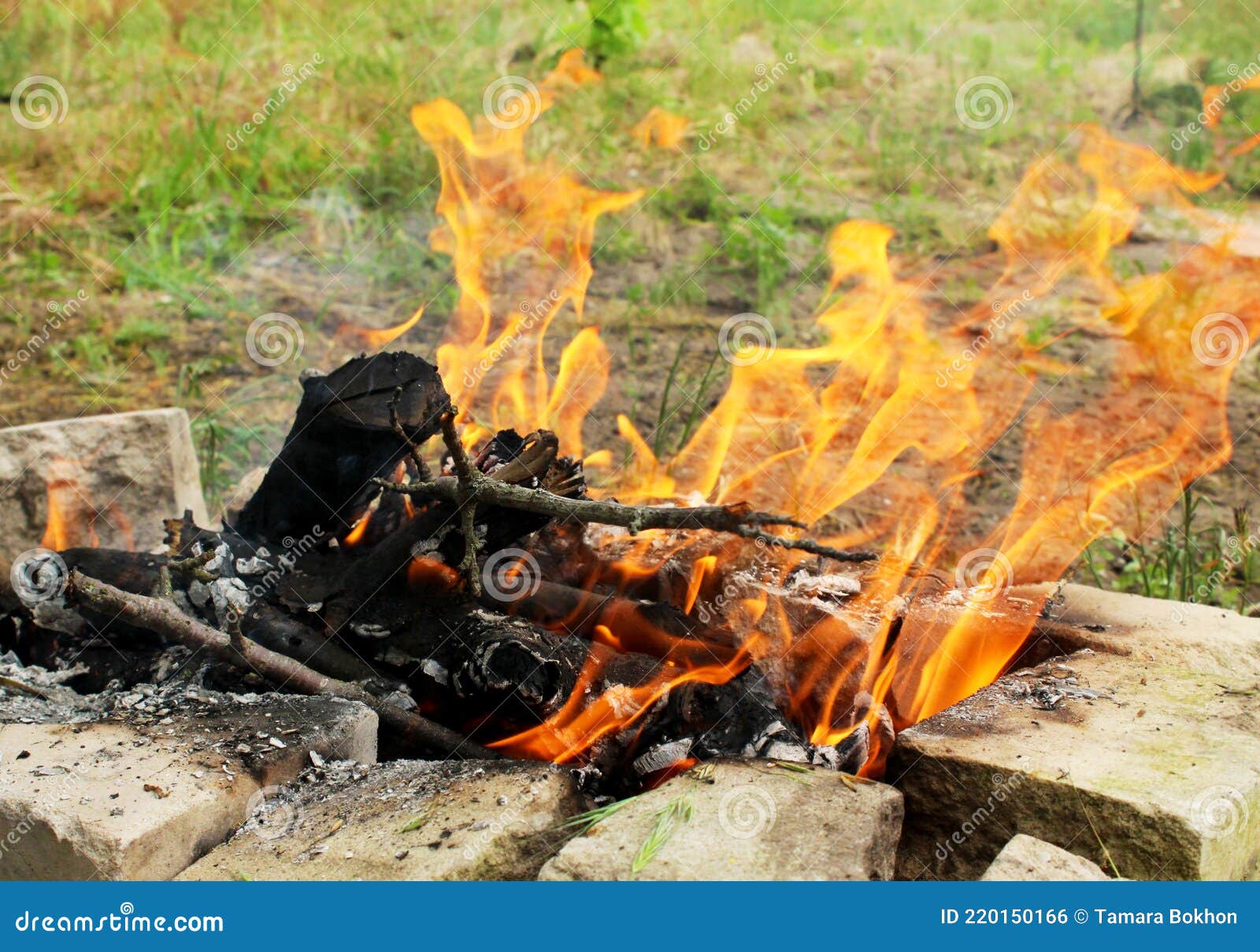 Close-up of a Homemade Stone Grill with Burning Wood. Make a Fire on ...