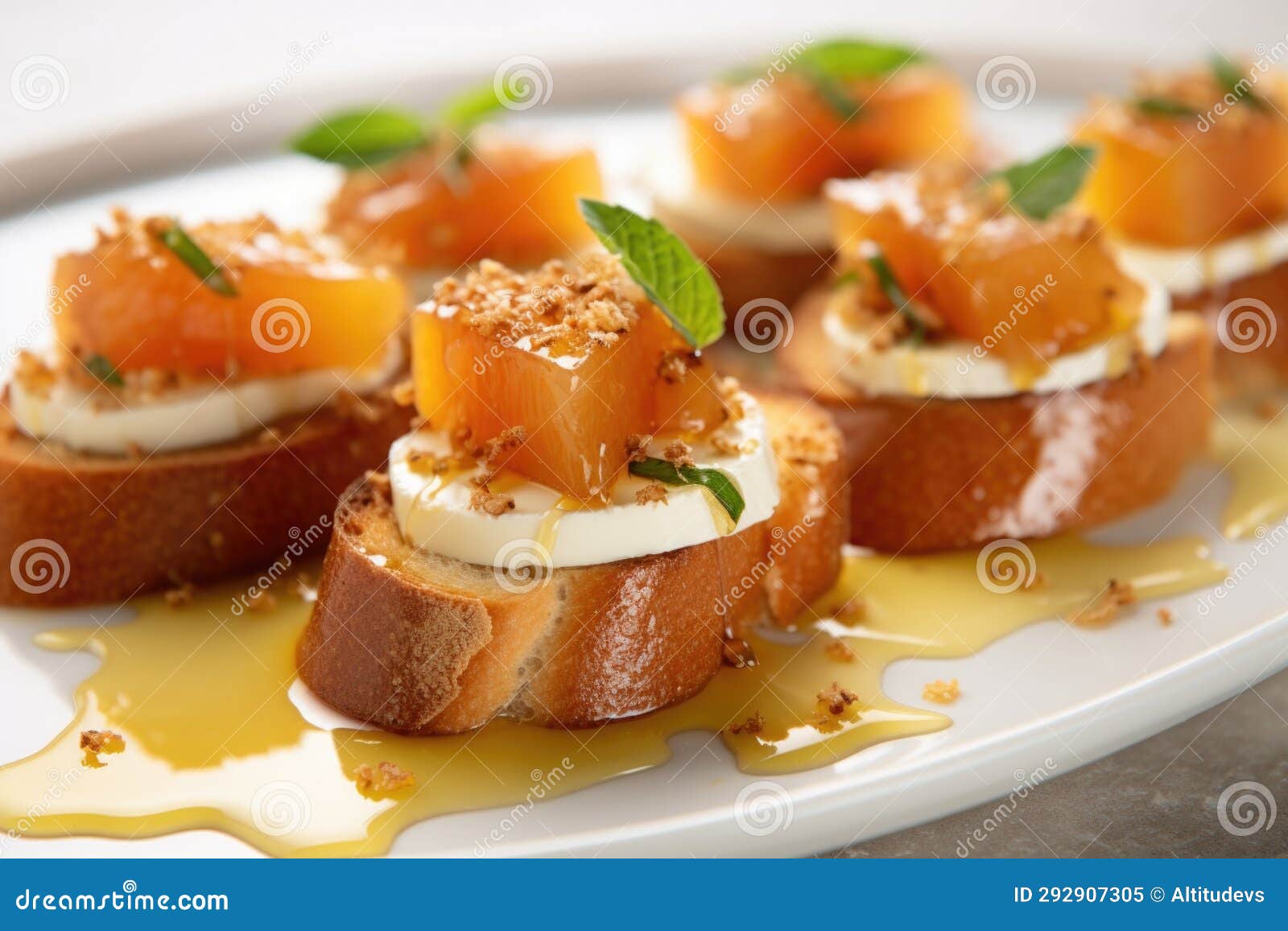 close up: honey-coated bruschetta on porcelain dish