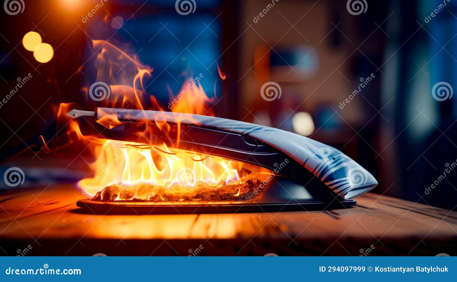 Close Up of Hot Plate on Table with Flames Coming Out of it. Generative