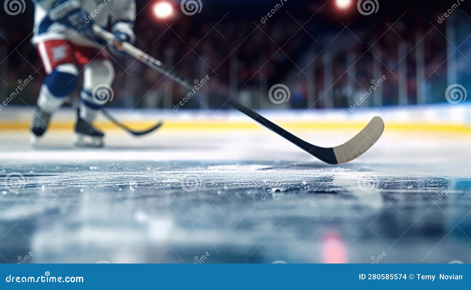 Close Up of Ice Hockey Stick on Ice Rink in Position To Hit Hockey Puck ...