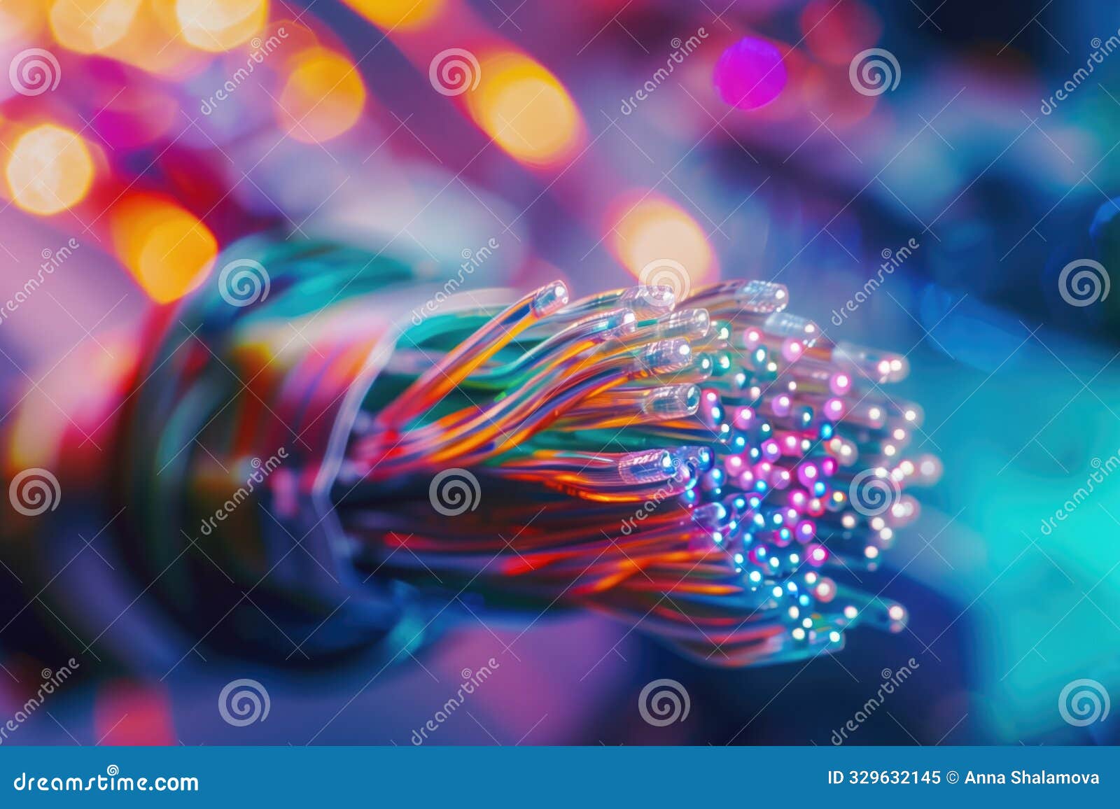close-up of illuminated optical fiber cables with colorful bokeh lights in the background.