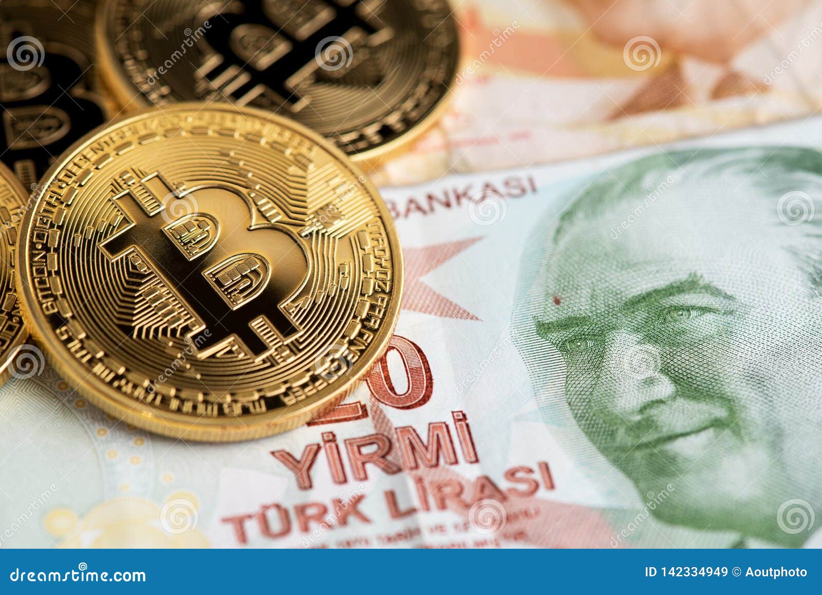 Bitcoin New Virtual Money On Turkish Banknotes. Stock ...