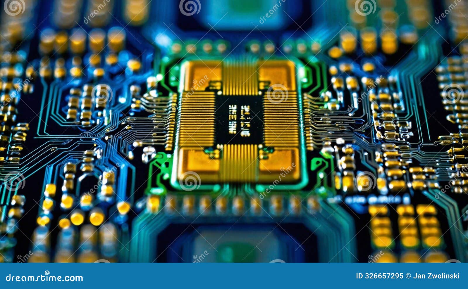 close-up image of a microchip on a circuit board with detailed circuitry and connections visible