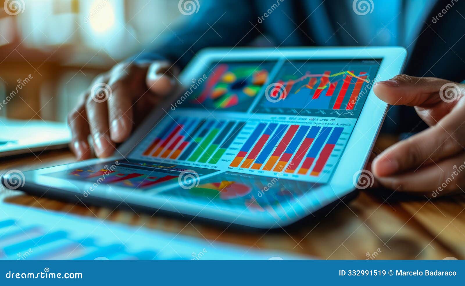 business analysis on tablet screen, image with colorful graphs