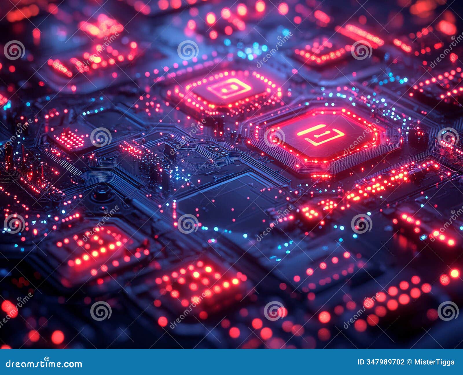 close-up image of a printed circuit board pcb with various electronic components, red leds, blue resistors, and