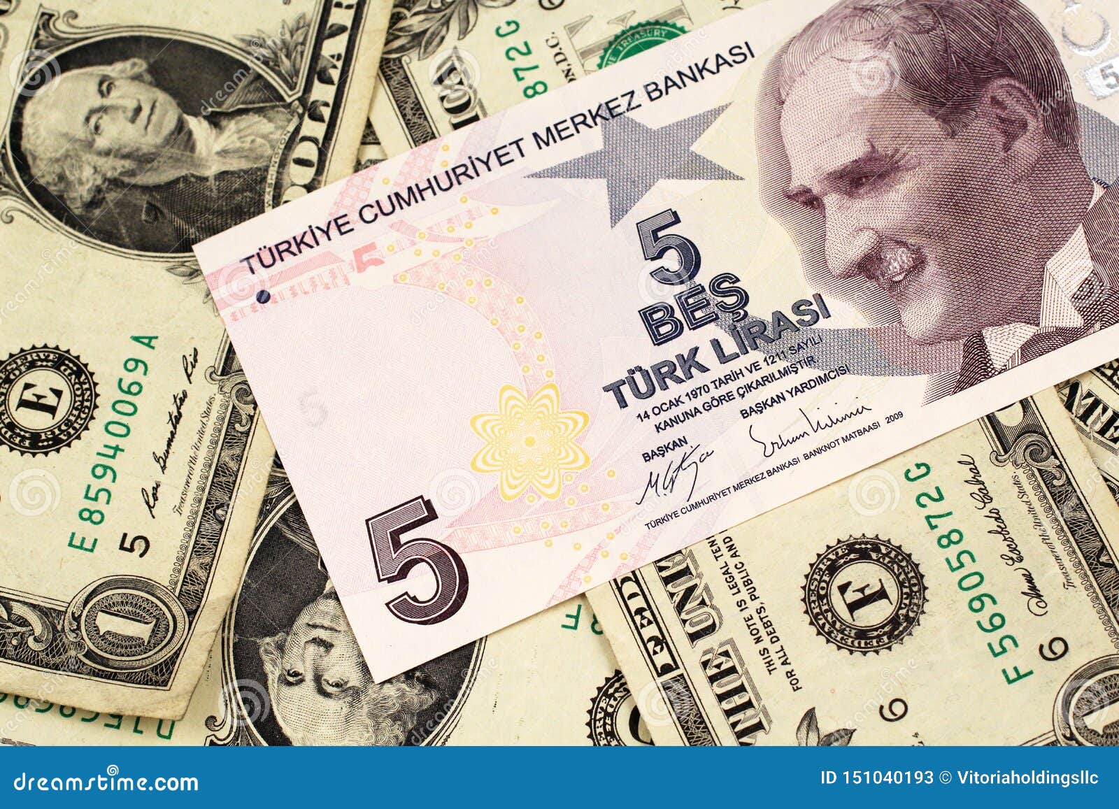 A Five Turkish Lira Bank Note On A Background Of One Dollar Bills