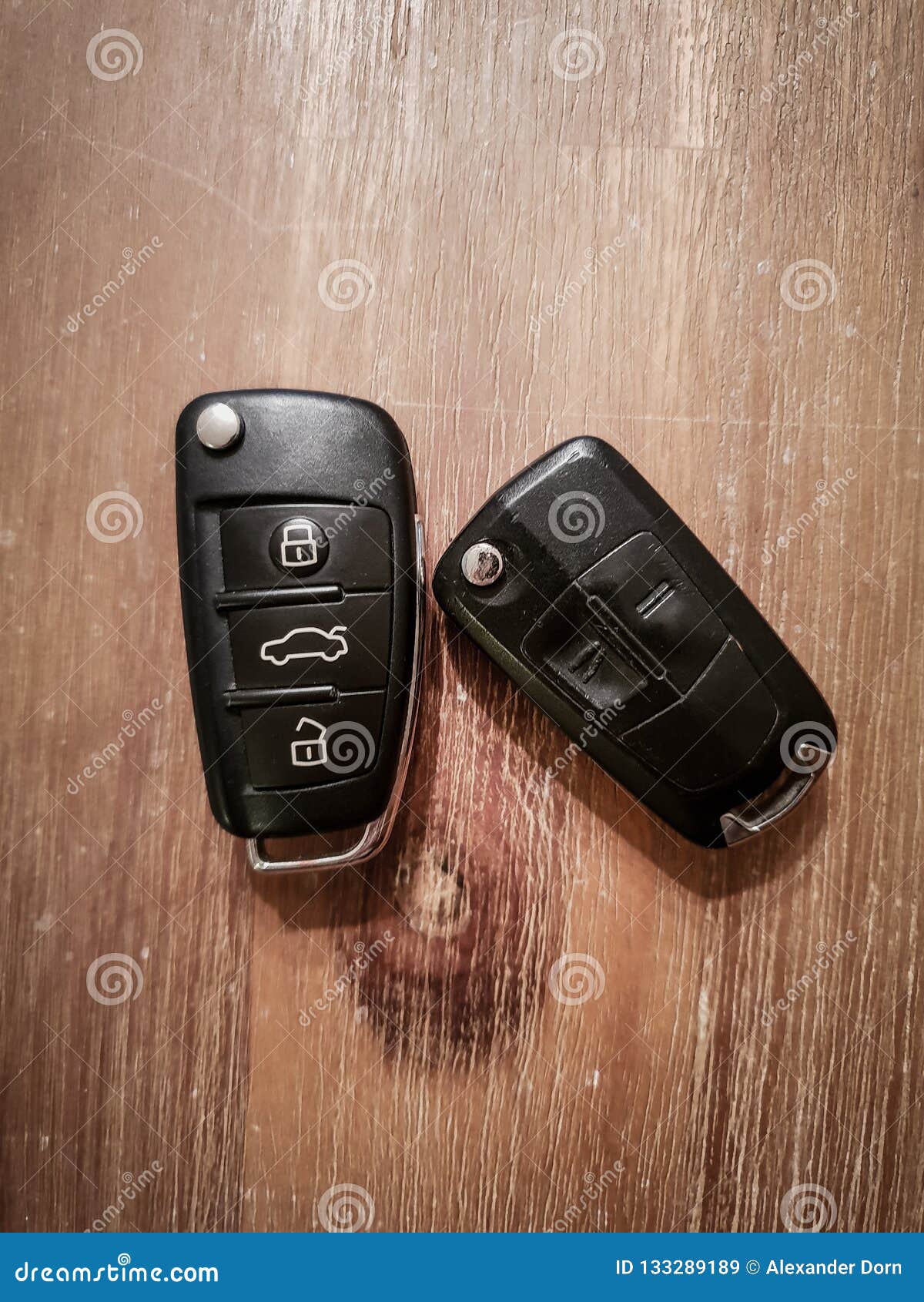 Close Up Image of Two Car Keys on a Wooden Table Stock Image Image of