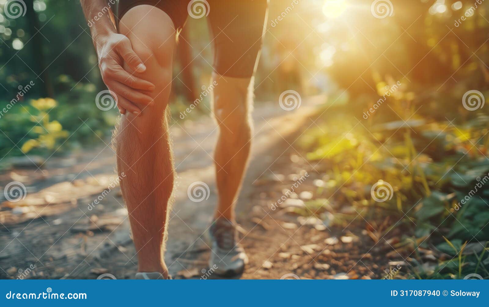 close-up image of young runner athlete on the running path standing and feeling acute knee pain while morning jogging in summer