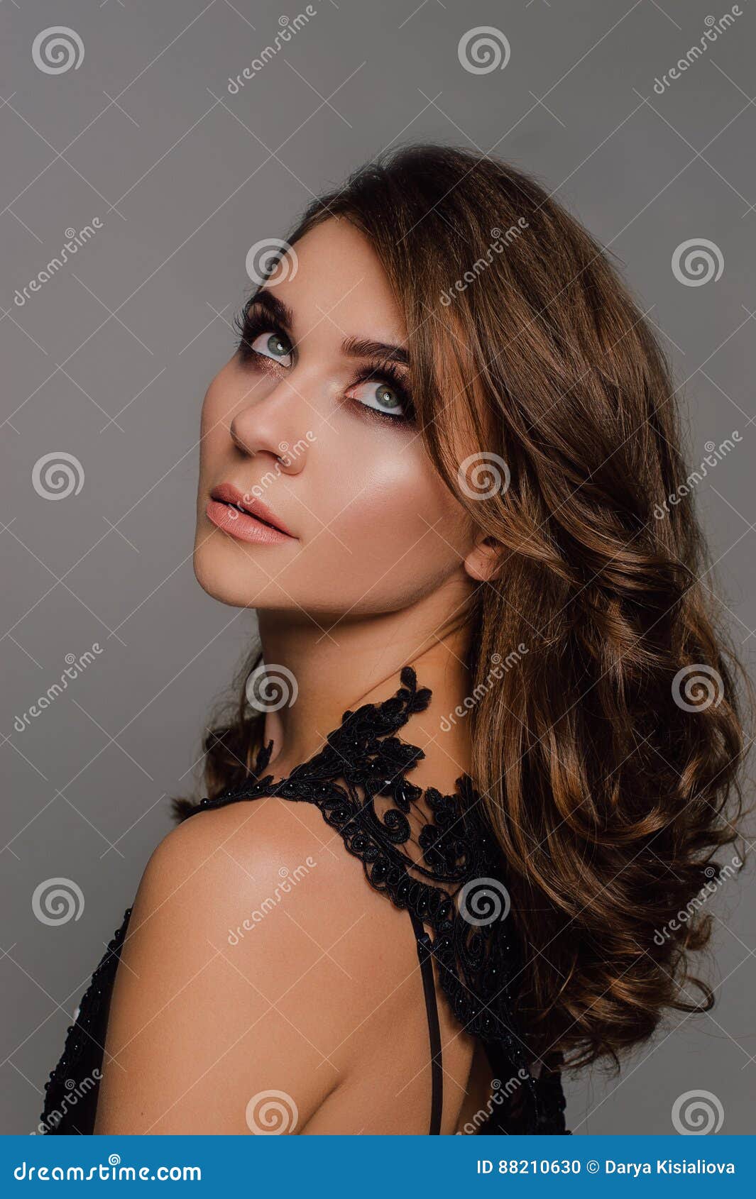 Close Up. Individuality. Thoughtful Elegant Lady in Black Prom Evening ...