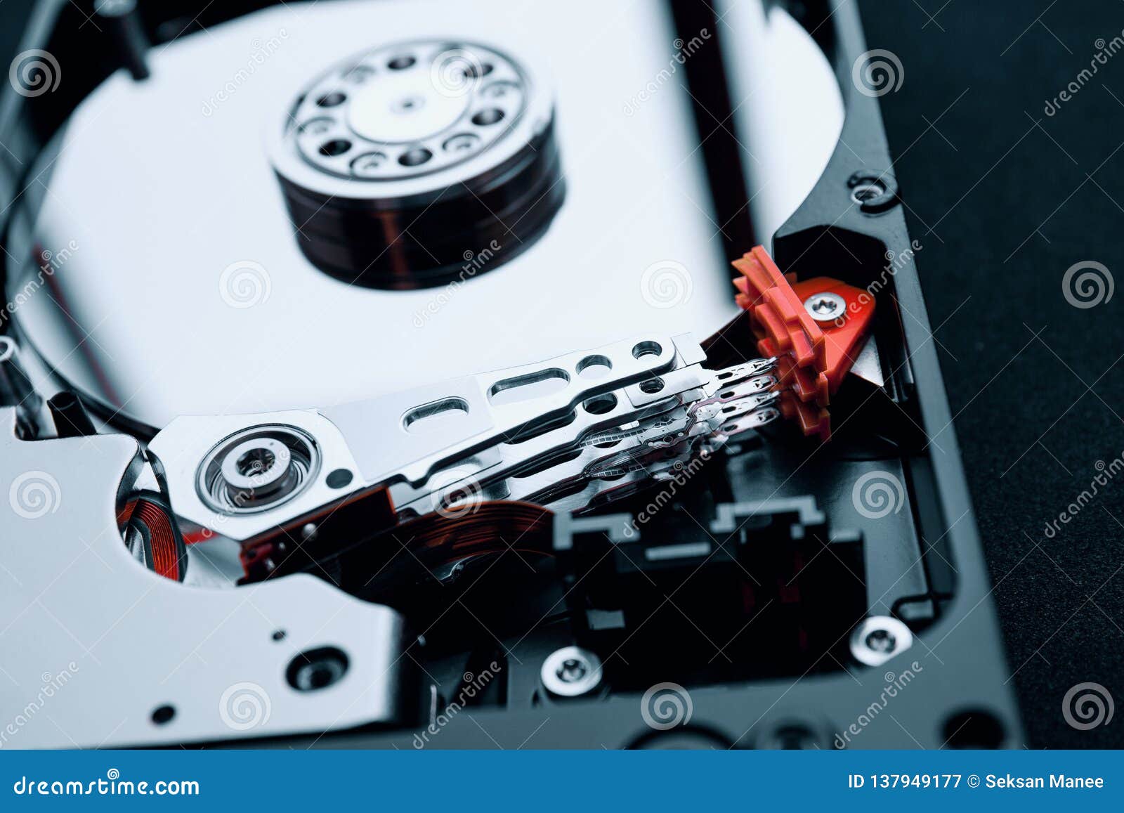 Closeup Inside Assembly Hard Disk Drive, Arm and Platters Stock Image