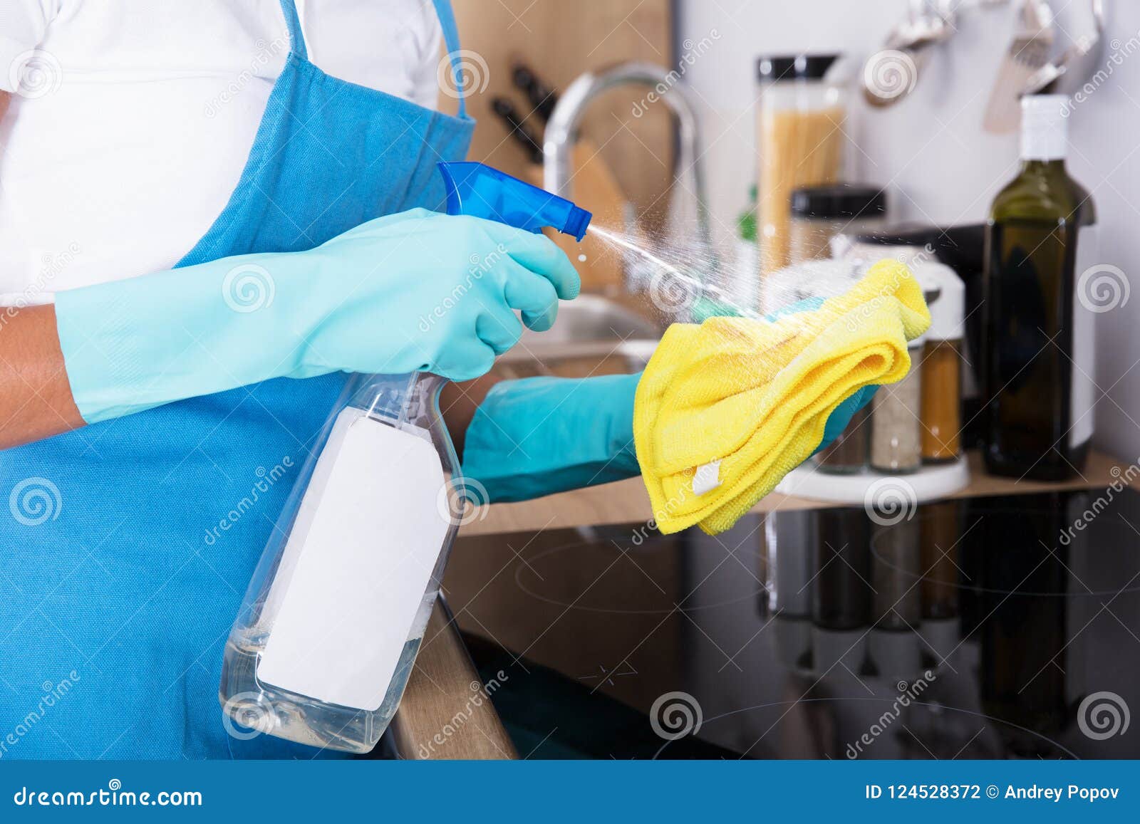 Janitor Hands Spraying on Yellow Cloth Stock Photo Image of gloves