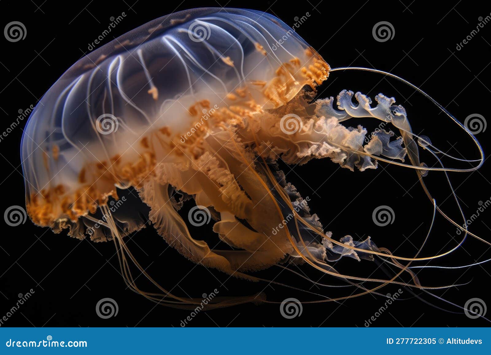 close-up of jellyfish with its long tentacles and stingers visible