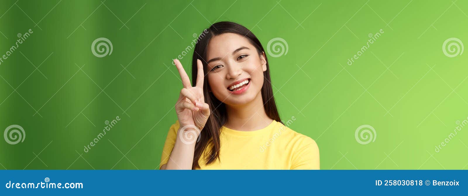 Close Up Joyful Cute Asian Girl Lively Look Camera Smile Show Peace Victory Sign Entertained