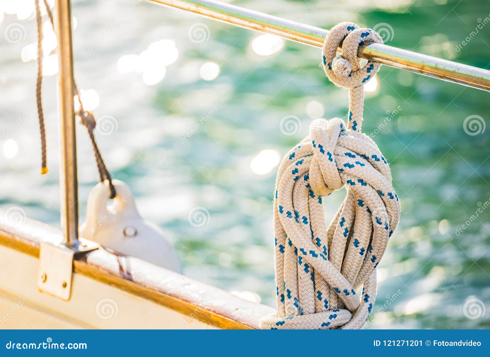 Nautical Rope Tied on Railing of Boat Deck, Yachting Stock Image