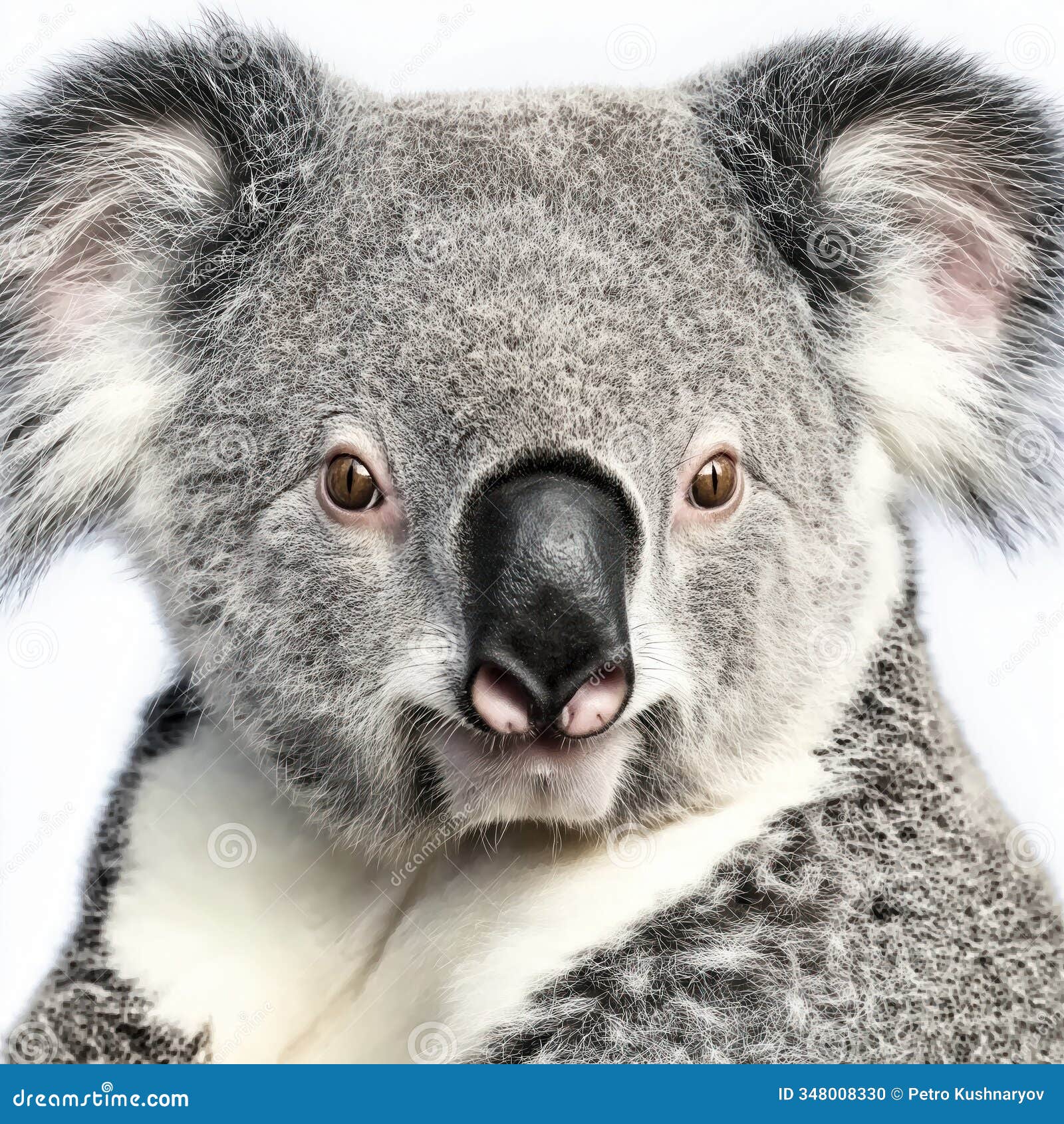 close-up koala portrait  white background. animal features displayed clearly. koala stares directly at viewer. image