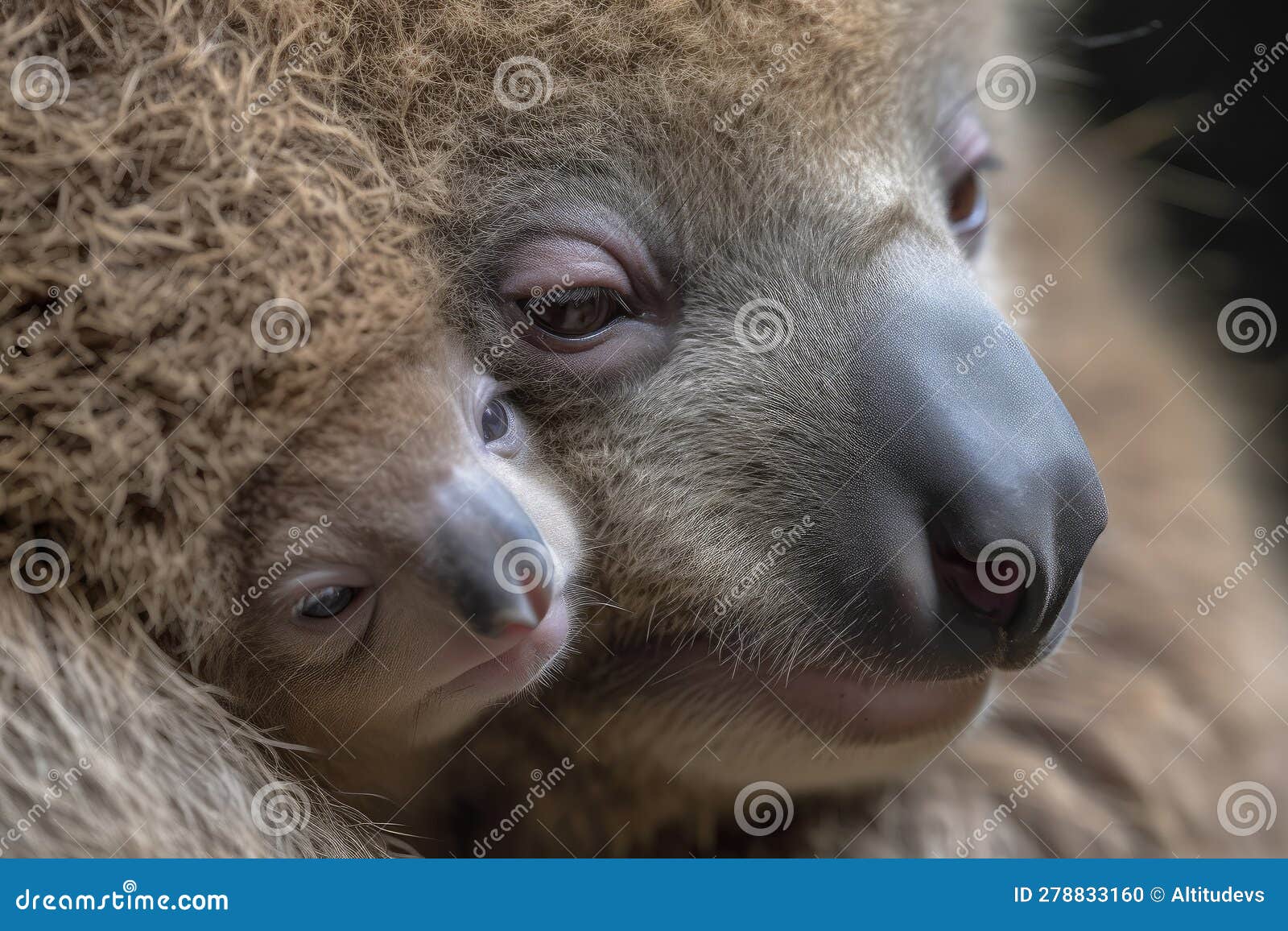 close-up of koala's face as it clings to mother, with its eyes closed and mouth open