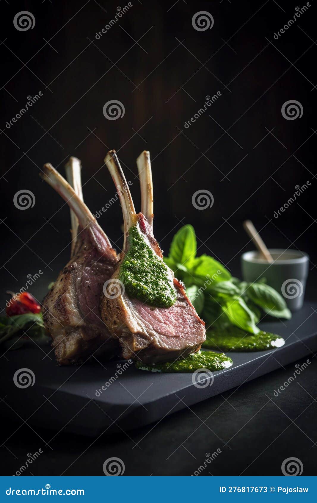 Closeup of Lamb Chops with Green Sauce,created with Generative AI