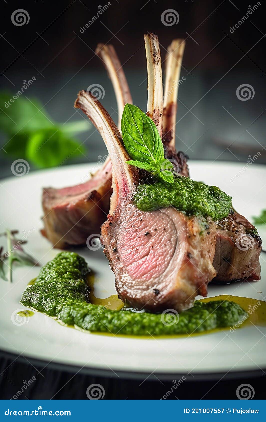 Closeup of Lamb Chops with Green Sauce,created with Generative AI