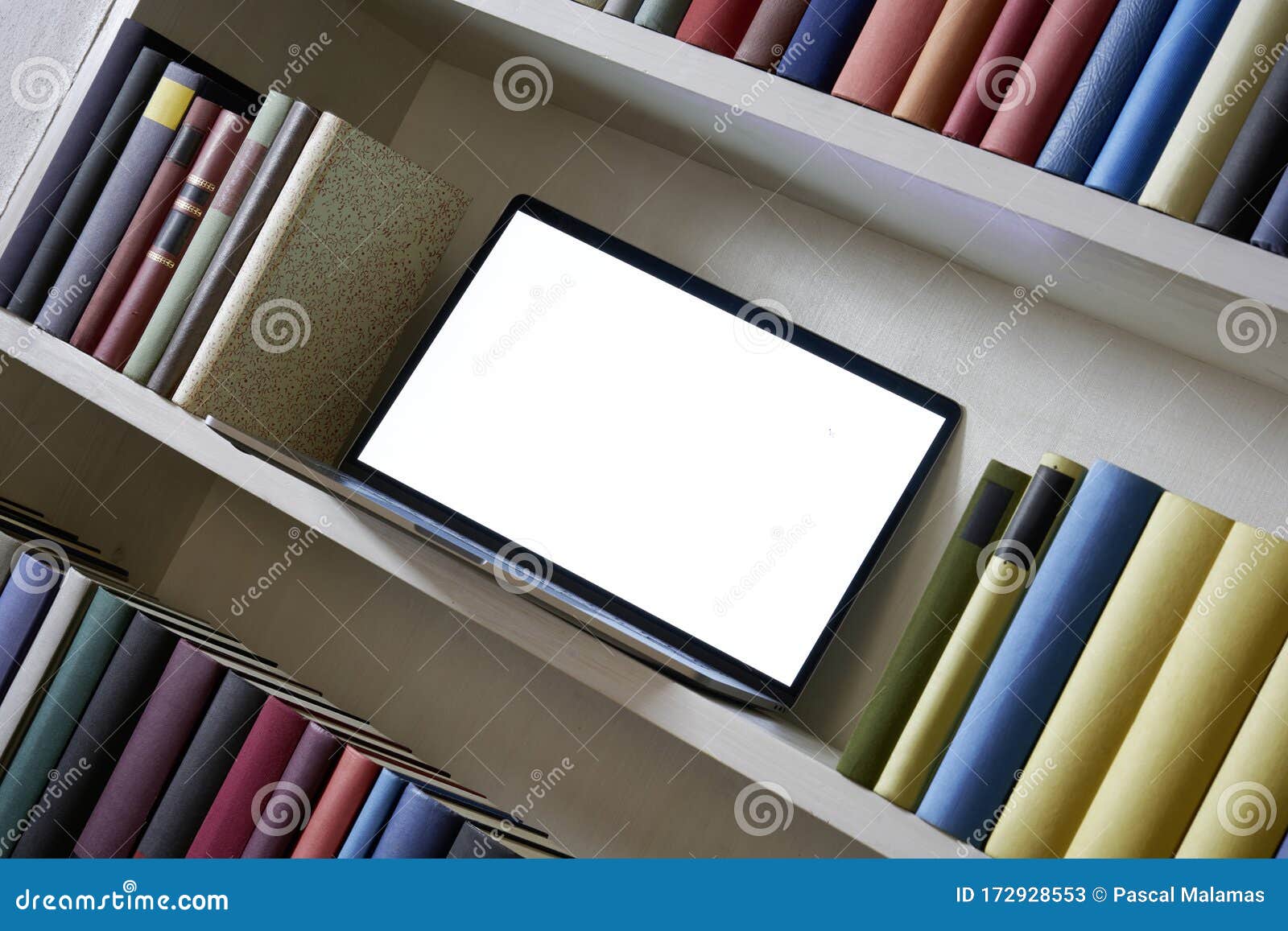 Close Up of Laptop in Bookcase Stock Image Image of detail, information 172928553