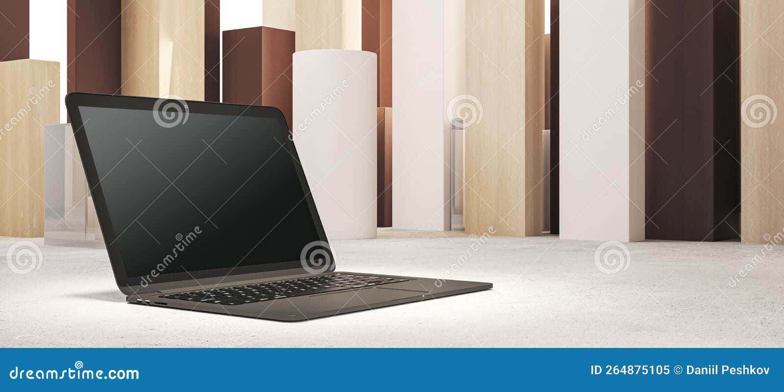 Close Up of Laptop Computer in Spotlight and with Empty Mock Up Screen