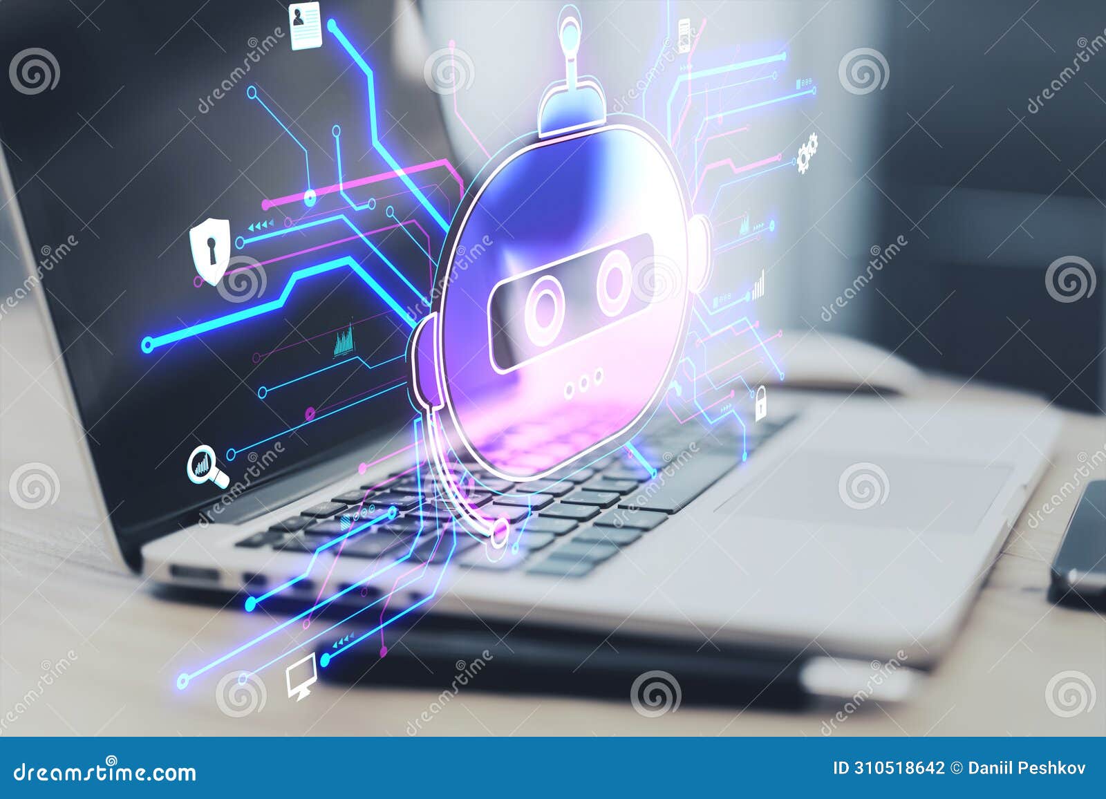 close up of laptop on desk with pen and creative robot hologram on blurry background. chat gpt and ai, customer support and bot