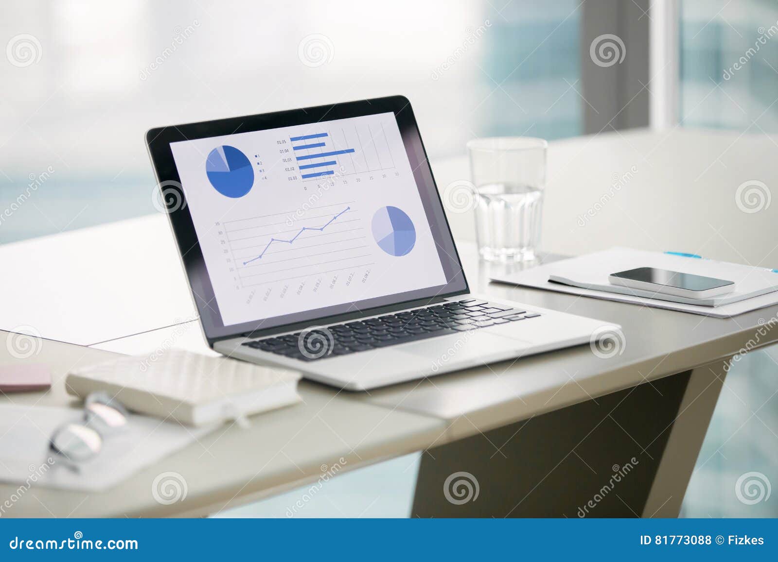 close up laptop modern office desk closeup graphs screen white preparation formal meeting board directors 81773088