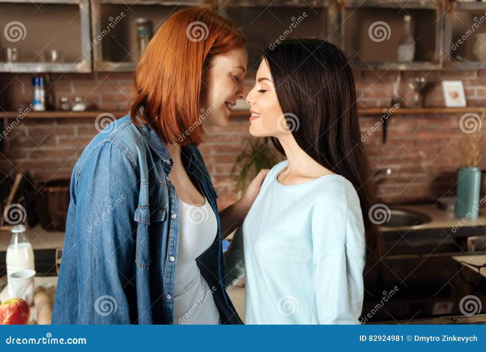 Close Up of Lesbians Kissing at the Moment Stock Image Image of