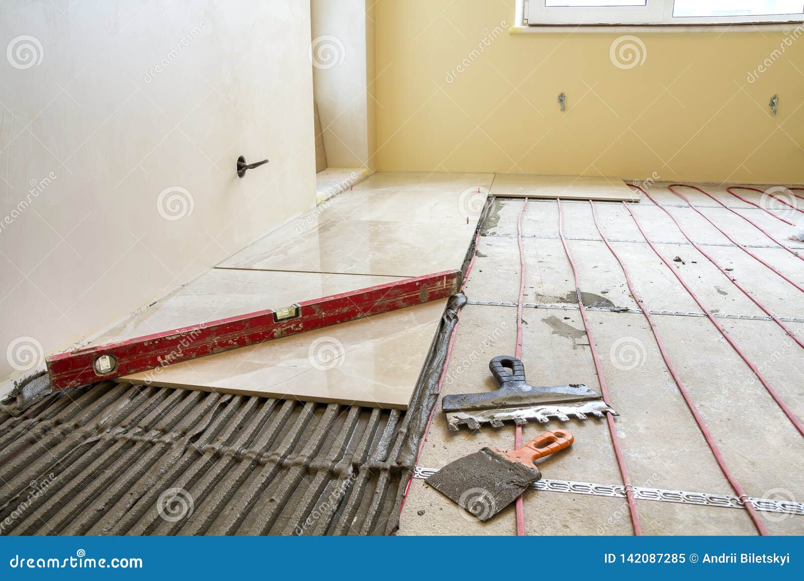 Close Up Of Lever On Ceramic Tiles On Cement Floor Tiles