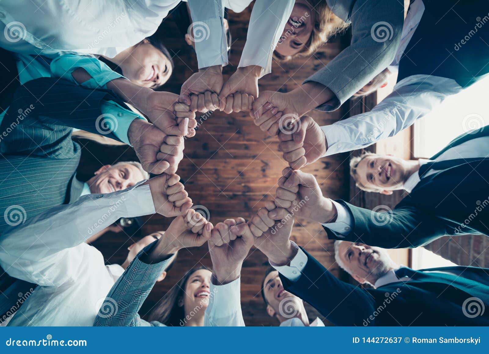 Close Up Low Angle View Photo Members Business People Circle She
