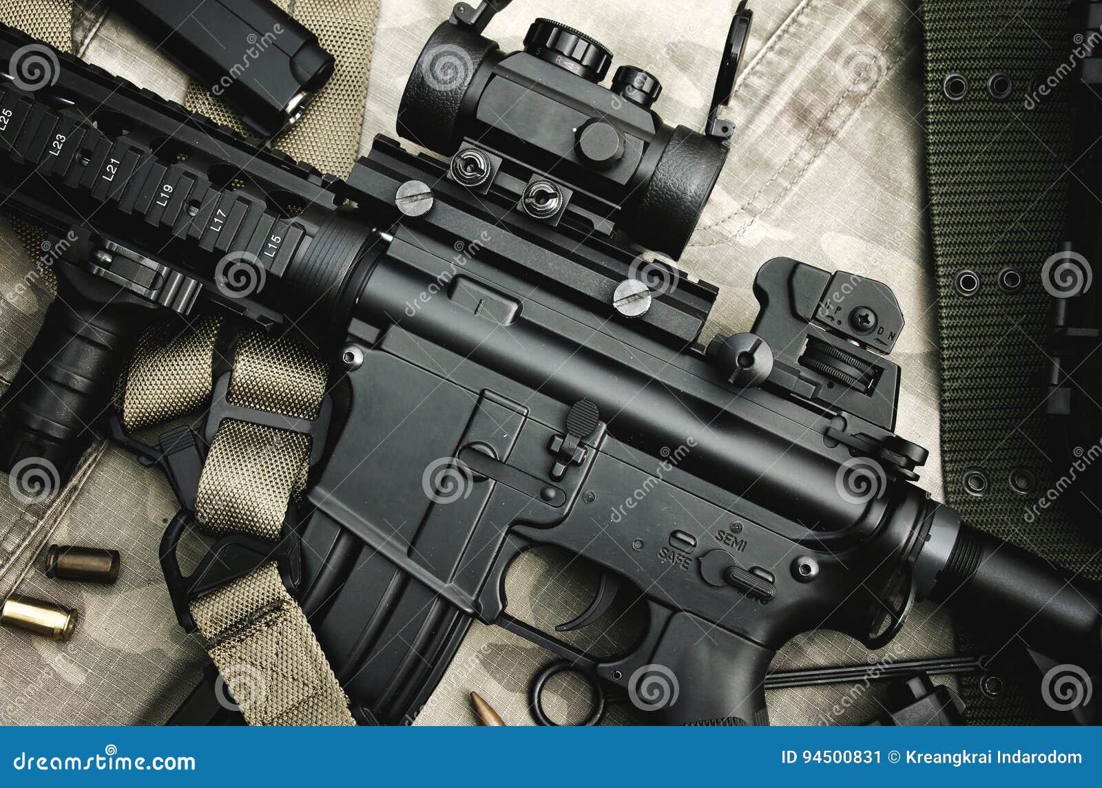 close-up of a m4a1 weapons and military equipment for army, assault rifle gun and pistol