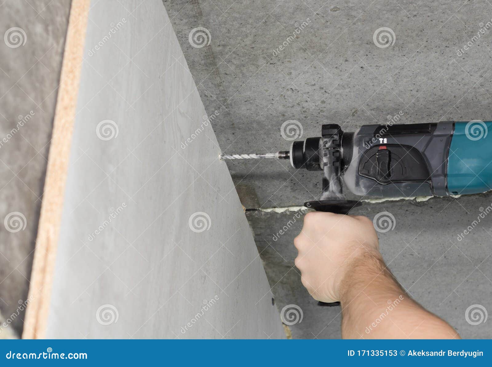 Close Up on Makes a Hole in a Concrete Wall with Hammer Drill Stock Image Image of labor