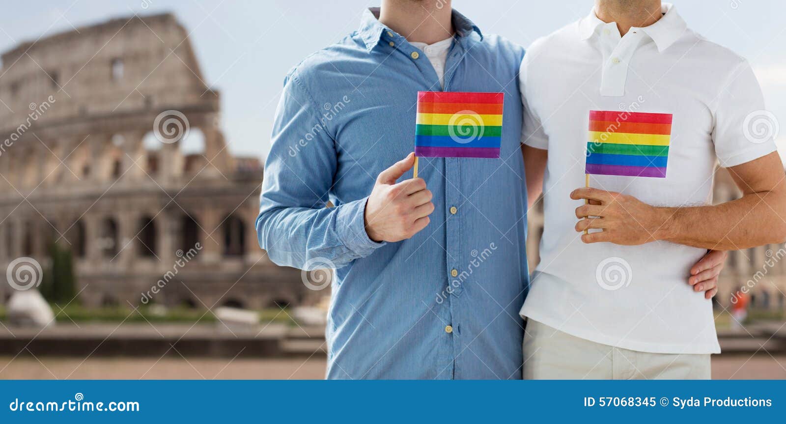 Close Up Of Male Gay Couple With Rainbow Flags Stock Image Image Of