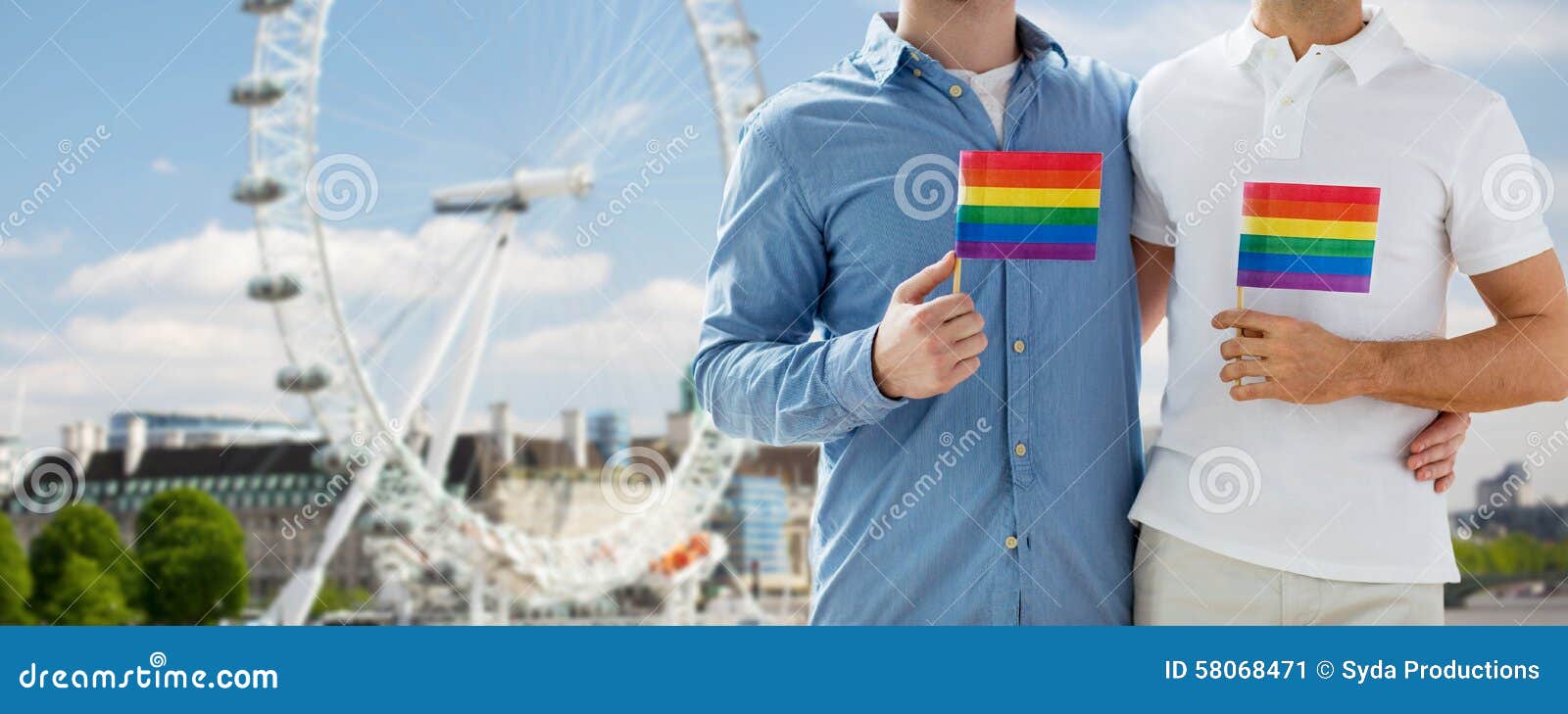 Close Up Of Male Gay Couple With Rainbow Flags Editorial Photo Image