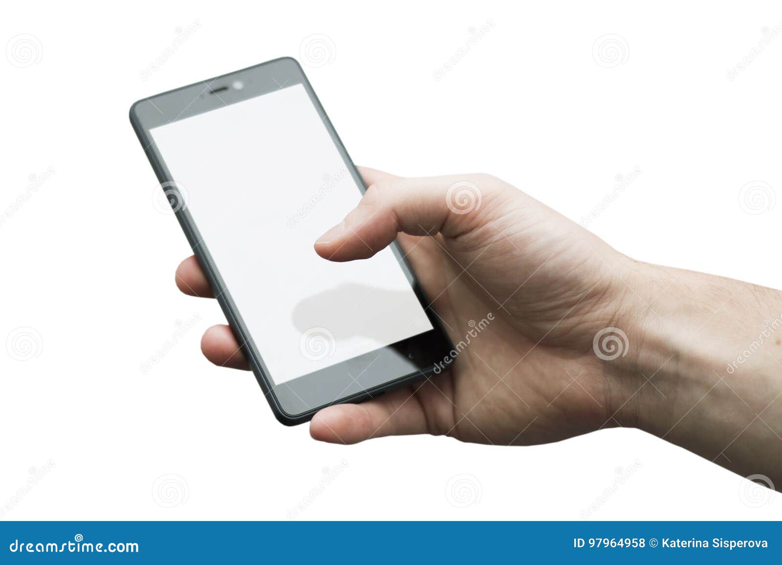 Close Up Of A Man`s Hand Holding Phone With White Display On Whi Stock