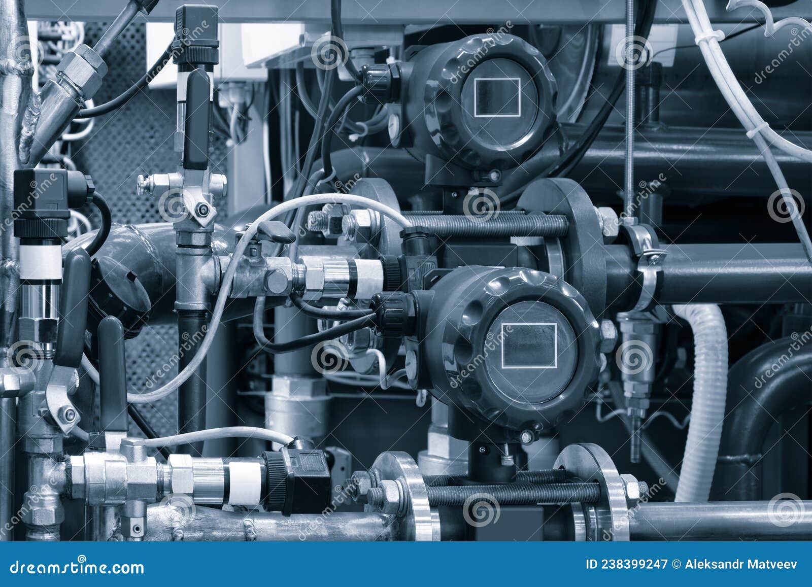 Close Up of Manometer, Pipe, Flow Meter, Water Pumps and Valves of