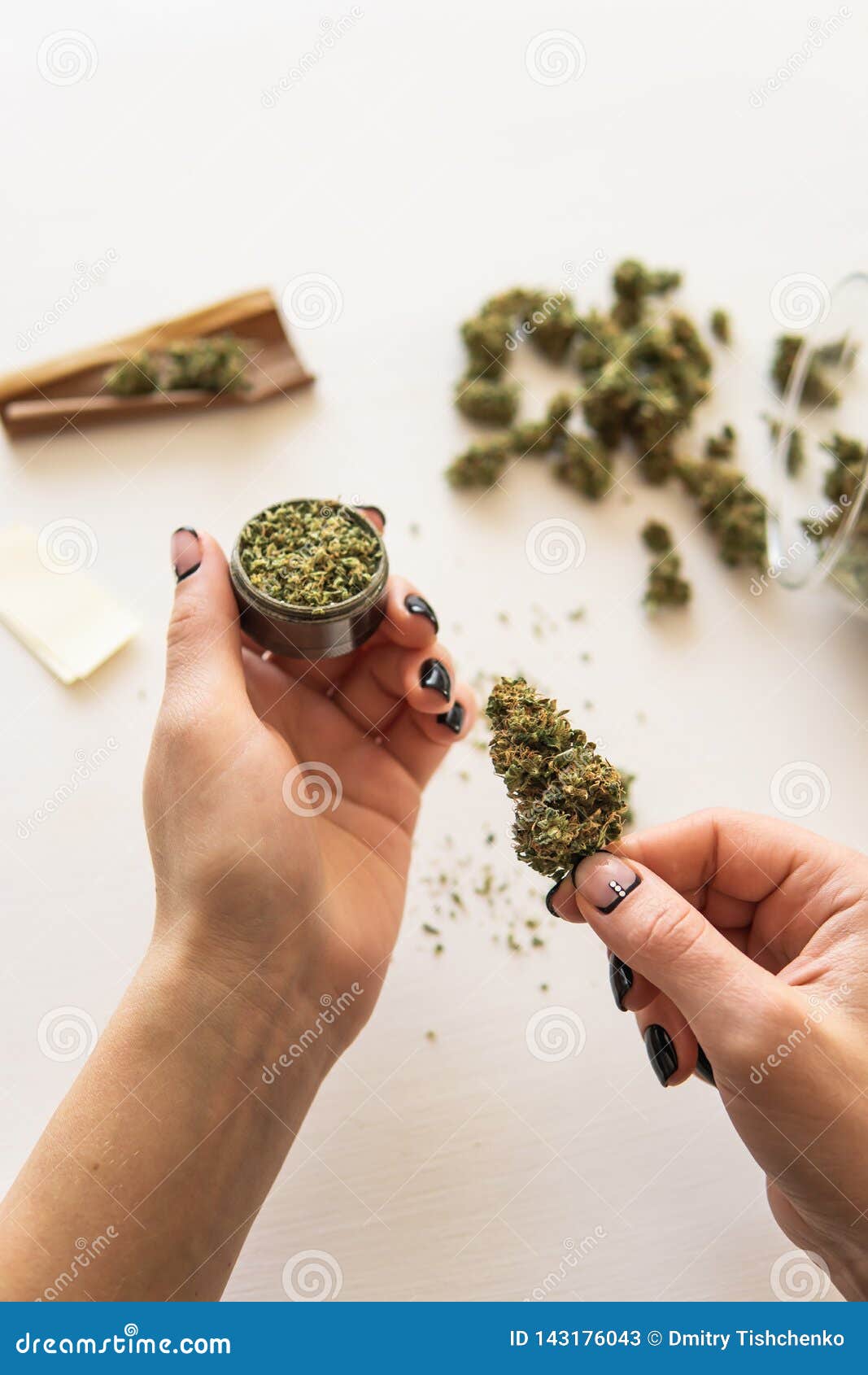 Close Up of Marijuana Blunt with Grinder. Marijuana Use Concept. Woman  Rolling a Cannabis Blunt on White Background Stock Image - Image of  medical, nature: 143176043