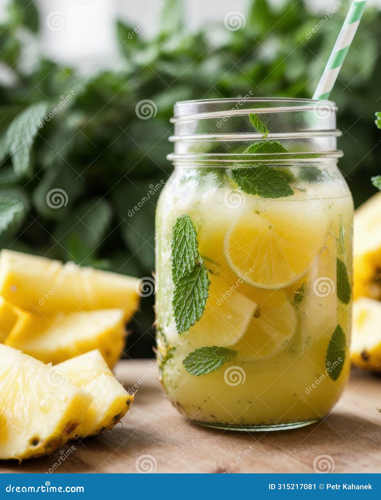 close-up of a mason jar filled with pineapple mint agua fresca, garnished with fresh pineapple chunks and mint leaves